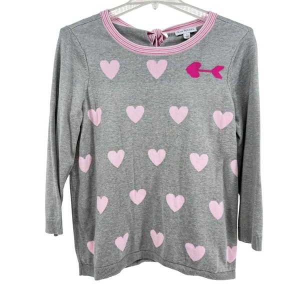 Kim Rogers Sweaters - Kim Rogers Gray Pink Hearts Arrow Sweater Long Sleeve Tie Back Knit Women's L